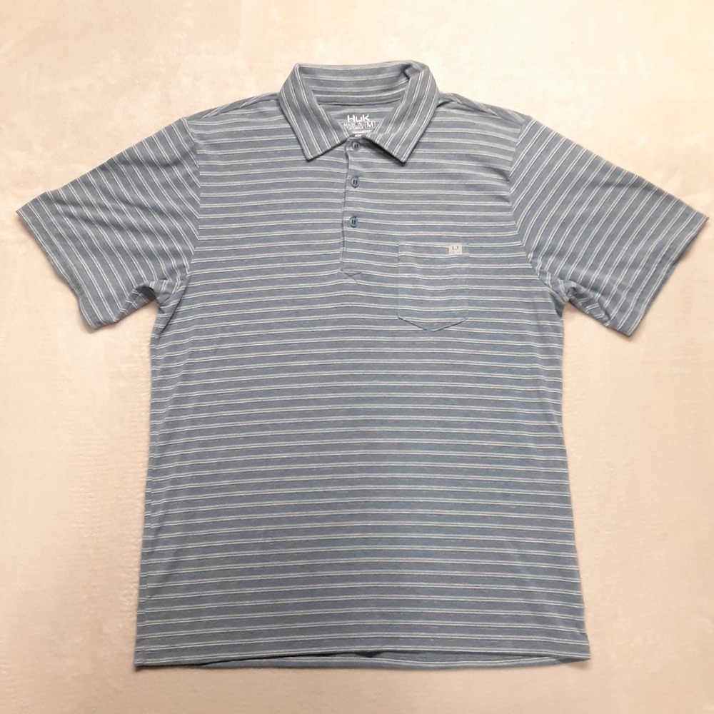 Huk Mens Performance Polo Medium Blue Chest Pocket Striped Rayon Blend - Picture 1 of 9